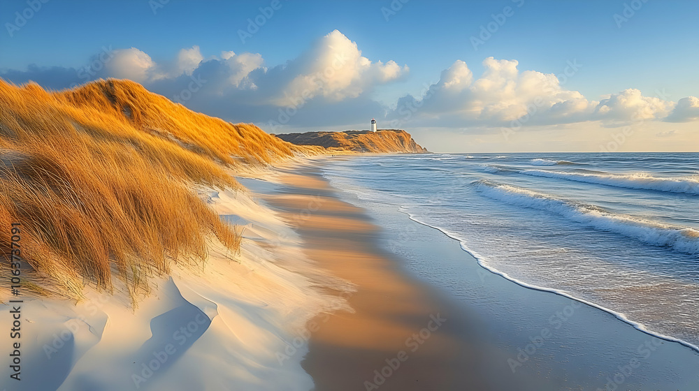 Lighthouse on a Sandy Beach with Waves Photo Lighthouse on a Sandy Beach with Waves Photo