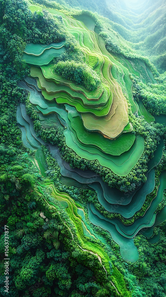 Fototapeta premium Breathtaking Abstract Landscape Featuring Lush Green Terraced Hills