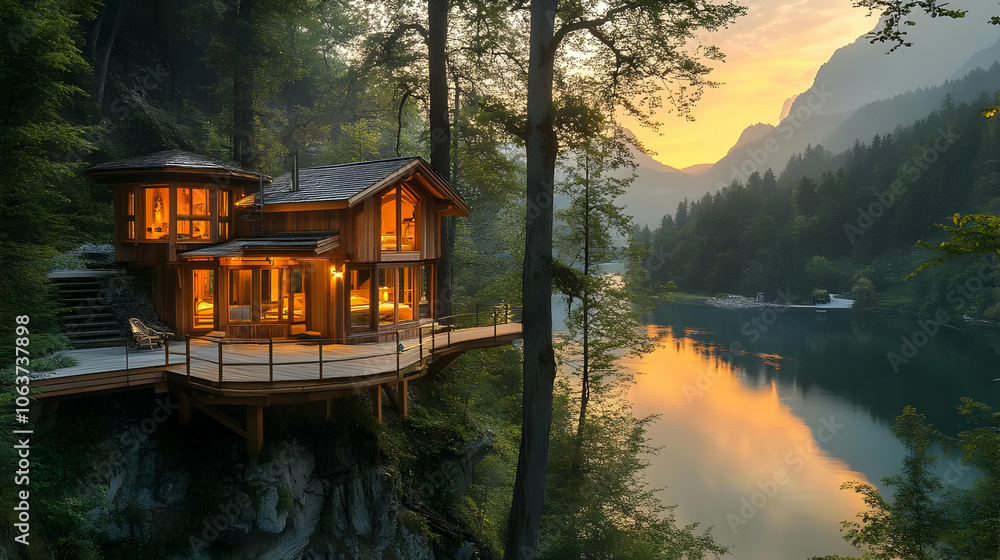 Fototapeta premium Cabin Overlooking Lake at Sunset - Realistic Image