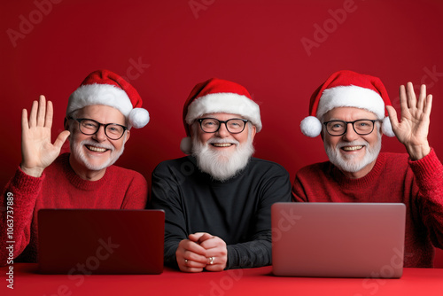 Three cheerful Santas greet the holiday season while working on laptops against a festive backdrop