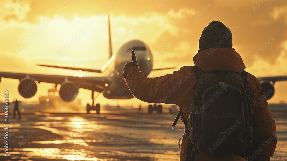 Ground Crew Signaling Airplane on Sunny Day Ground Crew Signaling Airplane on Sunny Day