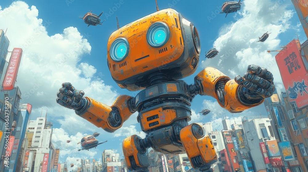 Giant robot overlooking futuristic cityscape. Giant robot overlooking futuristic cityscape.