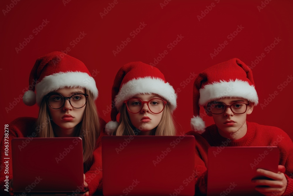 Exhausted Santa's elves typing at laptops against a cheerful red backdrop during the holidays Exhausted Santa's elves typing at laptops against a cheerful red backdrop during the holidays