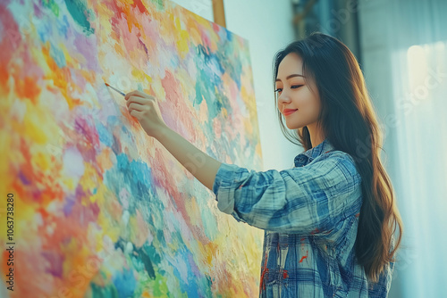 Asian young woman artist painting, emphasizing creativity, passion, and a love for art in a focused atmosphere.