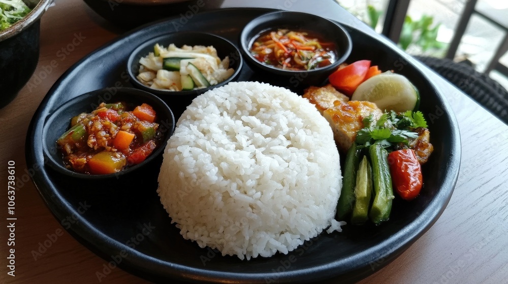 Delicious Asian Cuisine Served with Rice and Vegetables Delicious Asian Cuisine Served with Rice and Vegetables