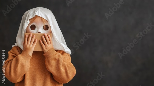 A child dressed as a ghost with a fabric over their head and paper eyes, captures the spirit of Halloween, blending innocence and creativity in a playful disguise. photo