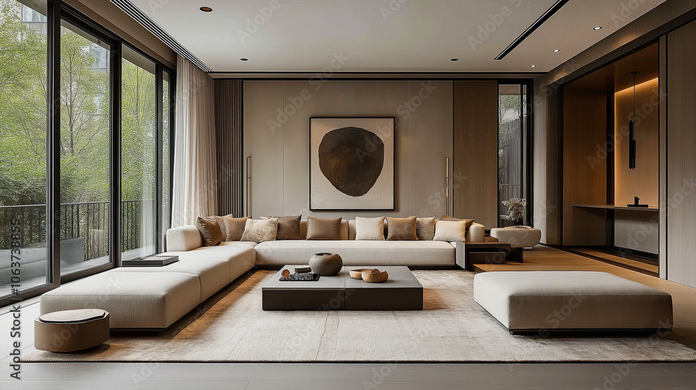 Spacious and elegantly designed living room with modern, sleek furniture and large windows Spacious and elegantly designed living room with modern, sleek furniture and large windows