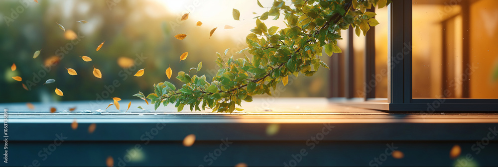 Golden leaves fall around a branch reaching towards a window. Golden leaves fall around a branch reaching towards a window.
