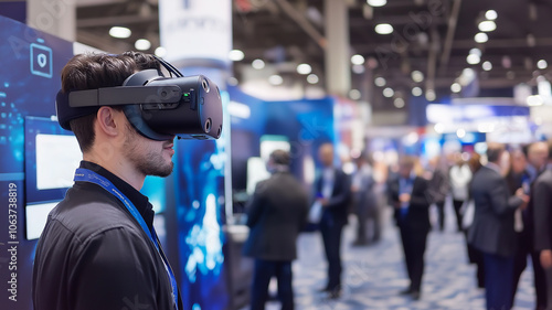 A bustling technology expo with exhibitors and attendees exploring new tech gadgets