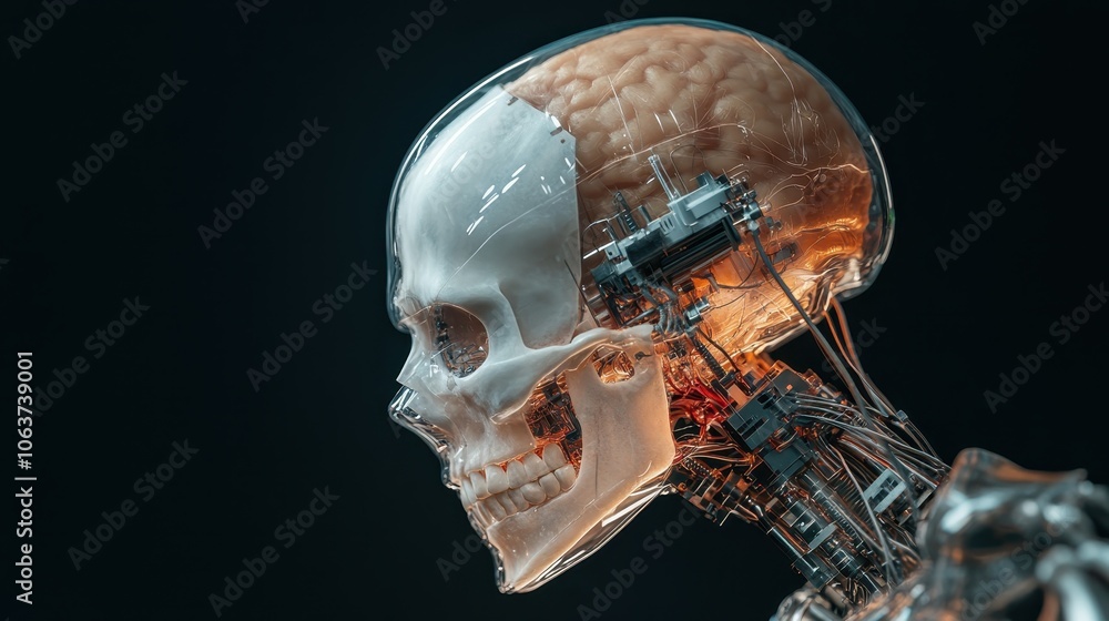 A partially transparent skull reveals a mechanical interior alongside a brain, symbolizing the merger of human intellect and artificial innovation in a futuristic world. A partially transparent skull reveals a mechanical interior alongside a brain, symbolizing the merger of human intellect and artificial innovation in a futuristic world.