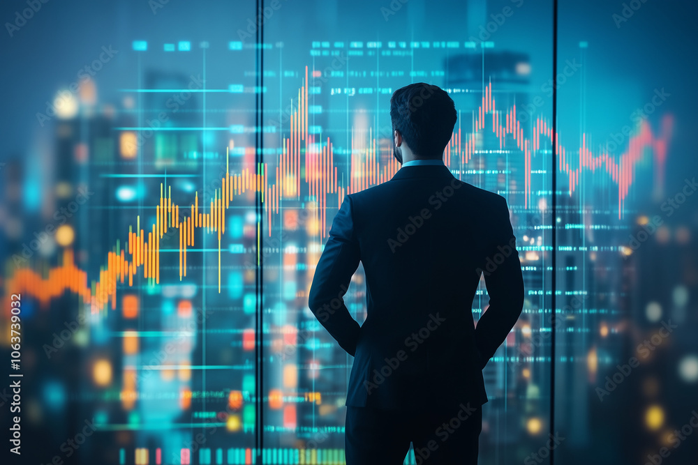 Businessman Stock Market Analysis, Standing in High-rise Office Businessman Stock Market Analysis, Standing in High-rise Office