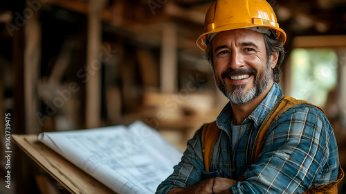 Smiling Construction Worker in Hard Hat Looking at Camera - Photo