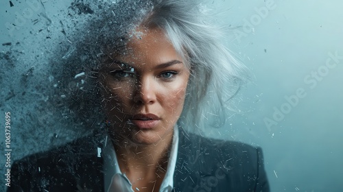 This captivating image shows a silver-haired woman immersed in a shattering reality, with elements symbolizing a break from the past and the forging of new paths. photo