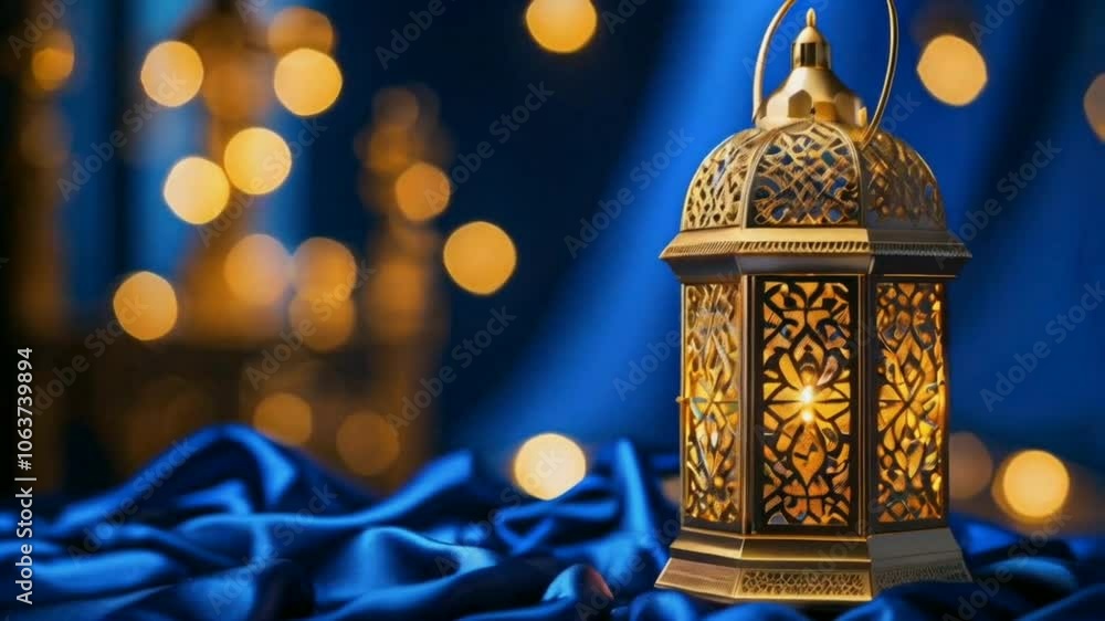 Ornate Lantern on Blue Silk with Warm Glowing Bokeh in a Serene Evening Ambiance Ornate Lantern on Blue Silk with Warm Glowing Bokeh in a Serene Evening Ambiance
