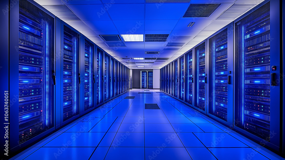 A sleek, futuristic data center filled with illuminated server racks A sleek, futuristic data center filled with illuminated server racks