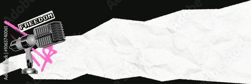 Advertising horizontal background in retro collage style with place for text. Vintage microphone with halftone effect, texture of crumpled torn paper, pencil doodles.