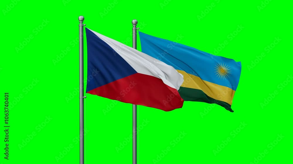 Republic of Rwanda and Czech Republic flags flying together, video concept of the relationship with colored chroma key for easy background remove, two country cooperation concept Republic of Rwanda and Czech Republic flags flying together, video concept of the relationship with colored chroma key for easy background remove, two country cooperation concept
