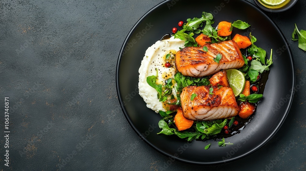 This image features grilled salmon filets served over fresh greens with a side of creamy mashed potatoes, garnished with lime and herbs, creating a gourmet presentation. This image features grilled salmon filets served over fresh greens with a side of creamy mashed potatoes, garnished with lime and herbs, creating a gourmet presentation.