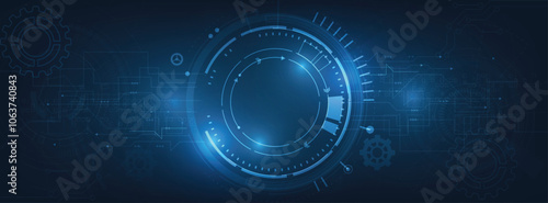 Abstract digital blue background with a glowing circular interface and circuit patterns, symbolizing advanced technology and innovation.
