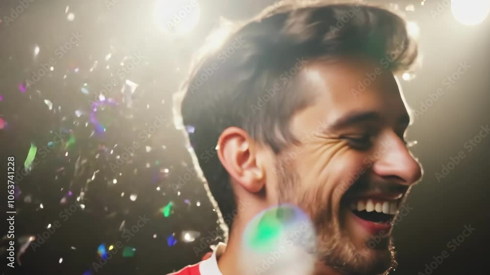 Joyful celebration: man laughing with flying confetti under bright lights Joyful celebration: man laughing with flying confetti under bright lights