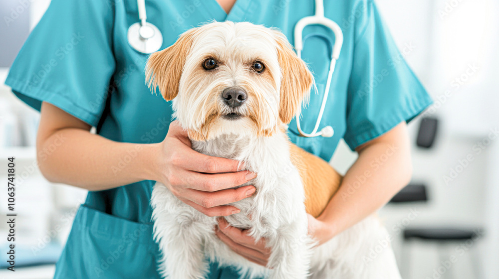 A woman in a blue scrubs holding a dog A woman in a blue scrubs holding a dog