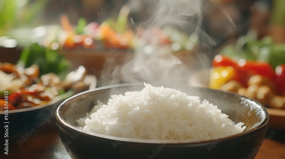Steaming Bowl of Rice with Colorful Dishes in Background Steaming Bowl of Rice with Colorful Dishes in Background