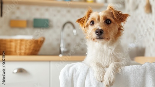 A small, adorable terrier dog standing on a cozy towel-covered surface in a bright laundry room, exuding a sense of comfort and homeliness. photo