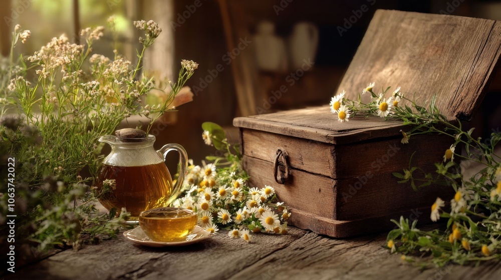 Rustic Wooden Tea Box with Chamomile Sachets Rustic Wooden Tea Box with Chamomile Sachets