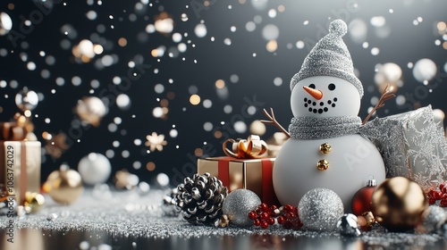 A lovely Christmas snowman adorned with silver and gold ornaments stands happily as delicate snowflakes float across a soft silver gradient background. Warm holiday lights complete the image. photo