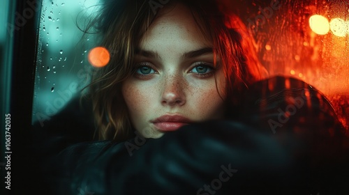 A captivating photograph of a melancholic young woman with a wistful gaze, framed by reflections on a glass window under soft lighting, conveying dreamy emotions. photo