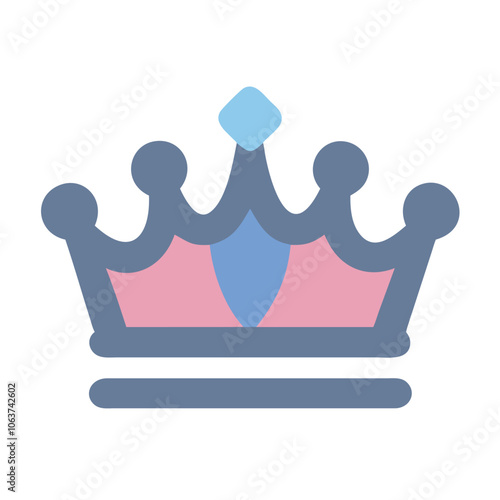 Simple crown icon with pink and blue accents, Flat design crown icon featuring pink and blue colors, representing royalty, elegance, and style with a modern and playful aesthetic. 