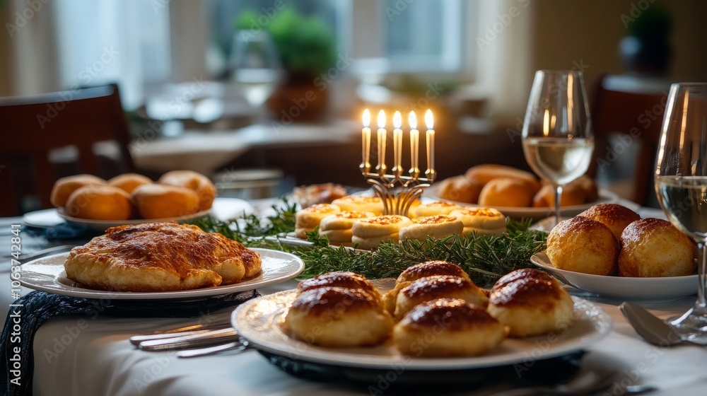 A table set for a festive meal with a menorah lit, a variety of pastries, wine glasses, and a warm, inviting ambiance. A table set for a festive meal with a menorah lit, a variety of pastries, wine glasses, and a warm, inviting ambiance.