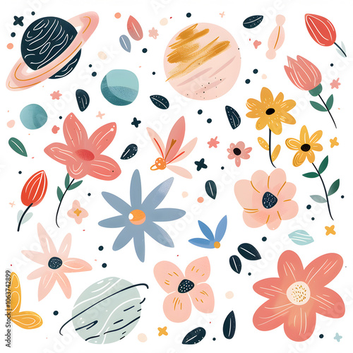 Flowers blooming in outer space with planets and stars in the background.