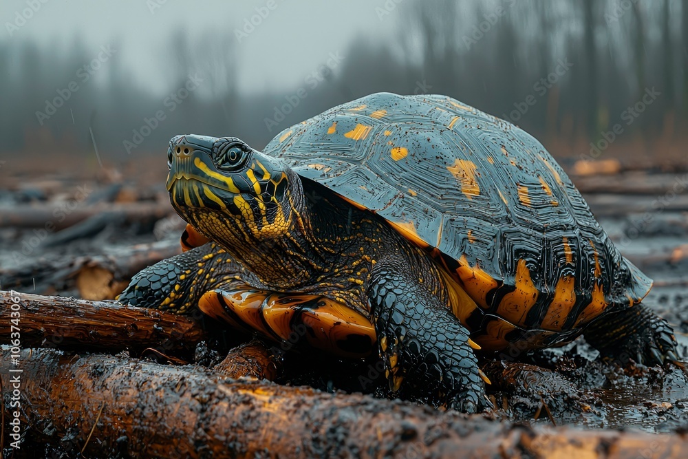 Obraz premium A Black-and-Yellow Turtle Perched on a Fallen Log