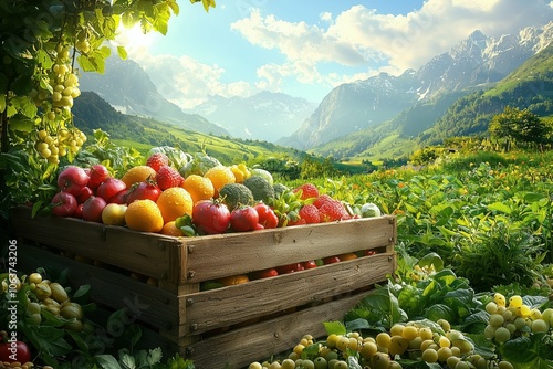 Variety of produce in a vibrant garden, mountains in the backdrop. photo