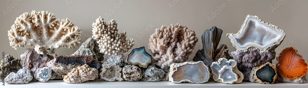 A Collection of Agate Geodes, Coral, and Rocks A Collection of Agate Geodes, Coral, and Rocks