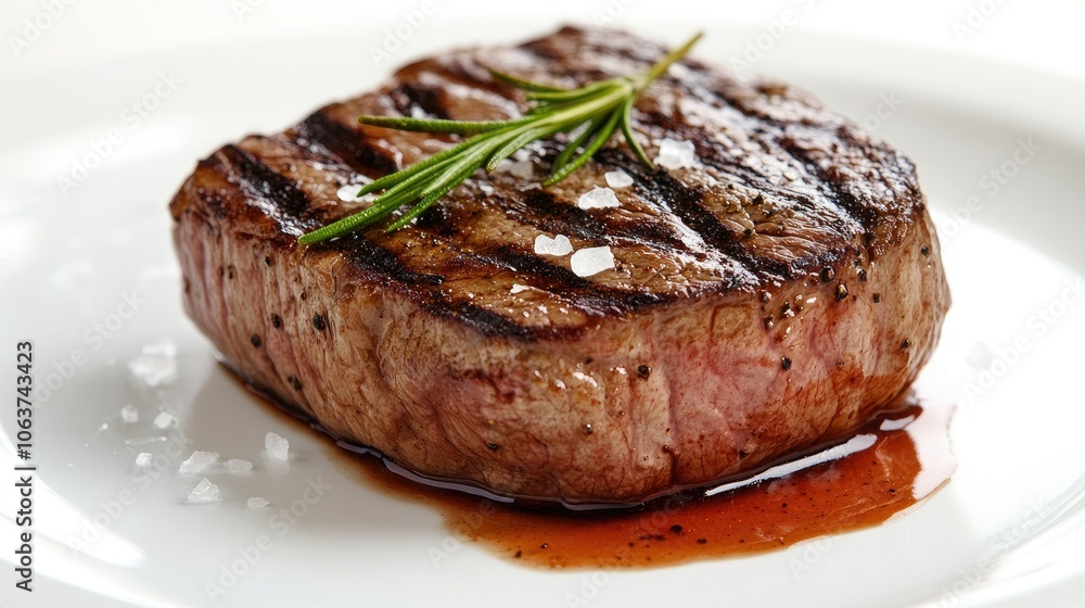 Grilled Steak on Plate with Rosemary Garnish Grilled Steak on Plate with Rosemary Garnish