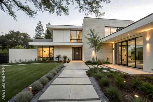 Modern Minimalist Home Exterior with Sleek Architectural Design and Clean Landscaping 