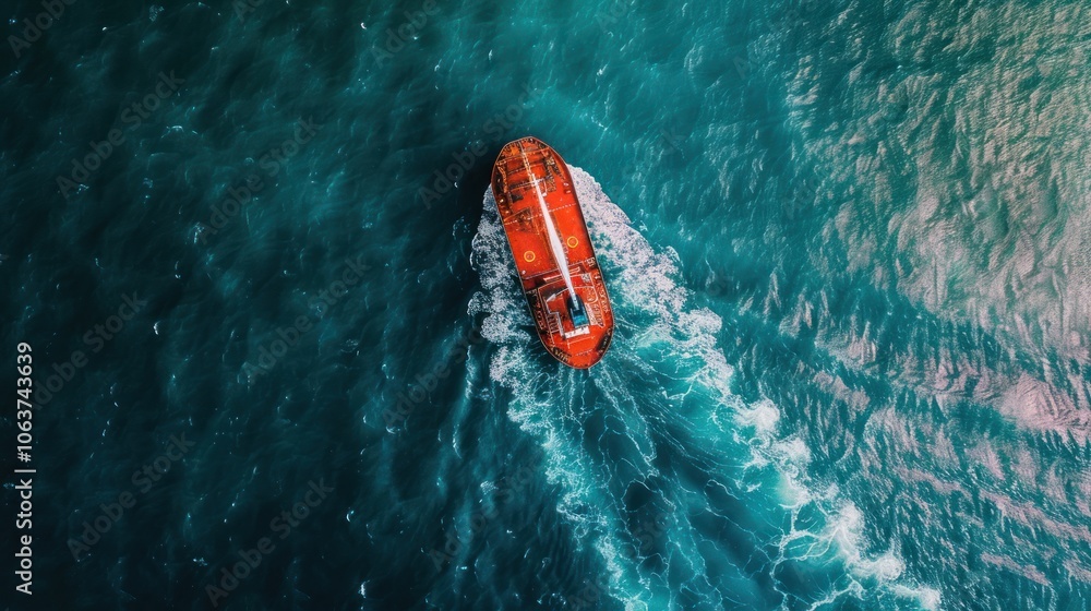 Fototapeta premium A boat is sailing in the ocean with the water being blue