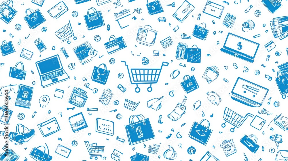 Cyber Monday pattern with small icons like shopping carts, laptops, and sale tags in blue and white Cyber Monday pattern with small icons like shopping carts, laptops, and sale tags in blue and white