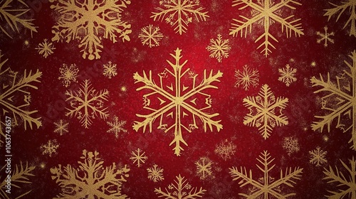 Red background with golden snowflakes, a Christmas atmosphere