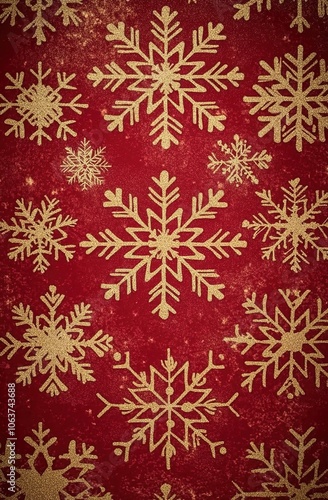 Red background with golden snowflakes, a Christmas atmosphere 