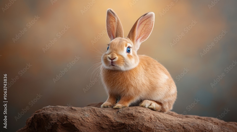A cute rabbit with blue eyes sits perched on a rock, framed against a softly focused, warm background, evoking feelings of peace and innocence. A cute rabbit with blue eyes sits perched on a rock, framed against a softly focused, warm background, evoking feelings of peace and innocence.