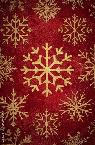 Red background with golden snowflakes, a Christmas atmosphere 