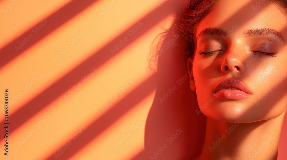 Close-up of a woman's face with closed eyes, enveloped by warm golden light creating vibrant shadows symbolizing peace and introspection in an abstract aesthetic. Close-up of a woman's face with closed eyes, enveloped by warm golden light creating vibrant shadows symbolizing peace and introspection in an abstract aesthetic.