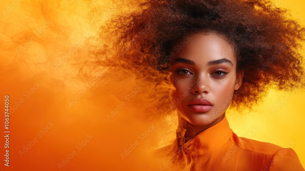 Woman gazing confidently amidst an explosion of vibrant orange, capturing the interplay of color, texture, and light, evoking confidence and strength symbolically. Woman gazing confidently amidst an explosion of vibrant orange, capturing the interplay of color, texture, and light, evoking confidence and strength symbolically.