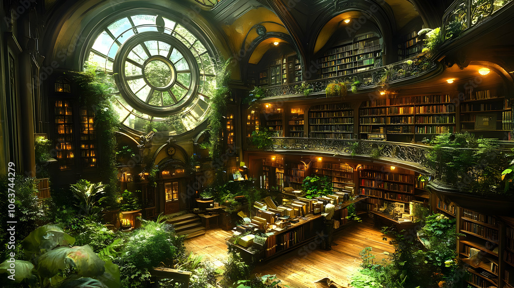 Obraz premium Enchanted Library with Lush Greenery - Illustration