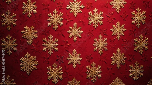 Red background with golden snowflakes, a Christmas atmosphere 