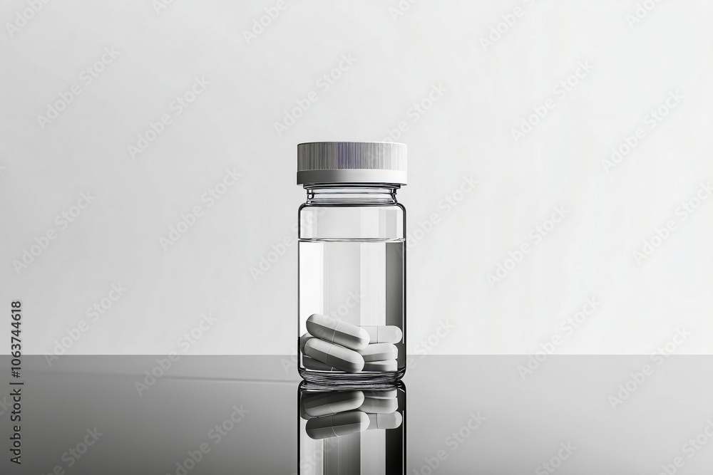 Minimalist shot of a transparent pill bottle with various medications inside, standing on a reflective surface. Minimalist shot of a transparent pill bottle with various medications inside, standing on a reflective surface.