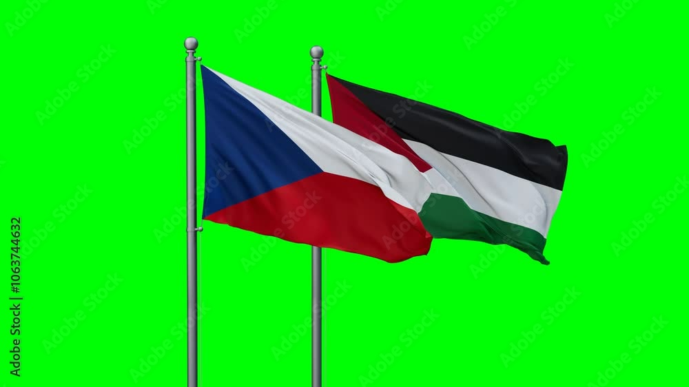 Palestine and Gaza Strip and Czech Republic two flags waving together on blue , video concept of the relationship with colored chroma key for easy background remove Palestine and Gaza Strip and Czech Republic two flags waving together on blue , video concept of the relationship with colored chroma key for easy background remove
